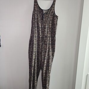 Chic Patterned Jumpsuit Black Brown Drawstring Waist Bohemian Neutral Casual Fun